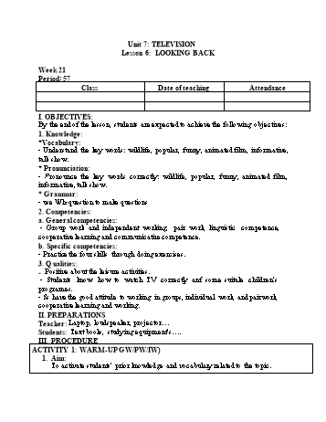 Kế hoạch bài dạy Tiếng Anh 6 - Unit 7: Television - Lesson 7