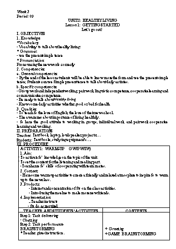 Kế hoạch bài dạy Tiếng Anh 7 - Tuần 3 - Unit 2: Healthy living