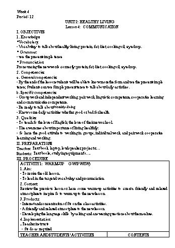 Kế hoạch bài dạy Tiếng Anh 7 - Tuần 4 - Unit 2: Healthy living - Lesson 4