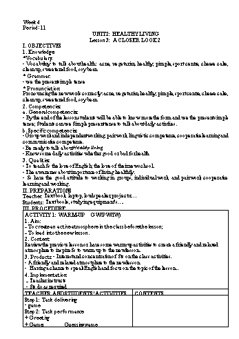 Kế hoạch bài dạy Tiếng Anh 7 - Tuần 4 - Unit 2: Healthy living - Lesson 3