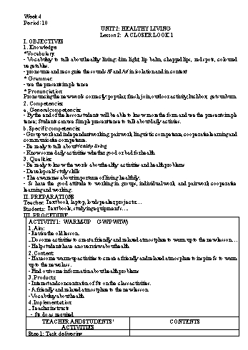 Kế hoạch bài dạy Tiếng Anh 7 - Tuần 4 - Unit 2: Healthy living - Lesson 2