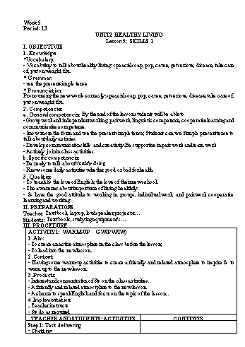 Kế hoạch bài dạy Tiếng Anh 7 - Tuần 5 - Unit 2: Healthy living - Lesson 5