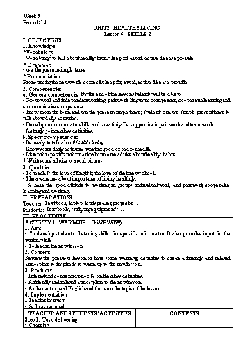 Kế hoạch bài dạy Tiếng Anh 7 - Tuần 5 - Unit 2: Healthy living - Lesson 6