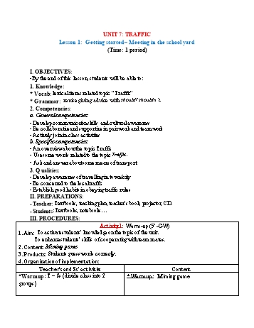 Kế hoạch bài dạy Tiếng Anh 7 - Unit 7: Traffic - Lesson 1