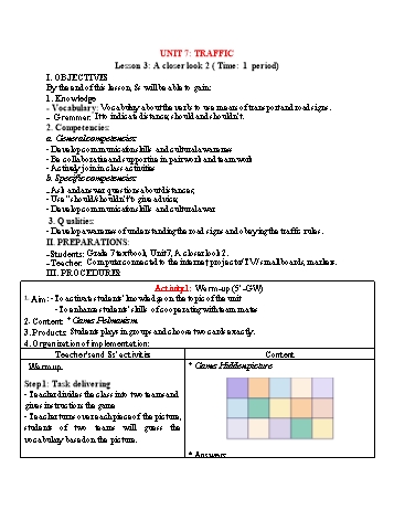 Kế hoạch bài dạy Tiếng Anh 7 - Unit 7: Traffic - Lesson 3