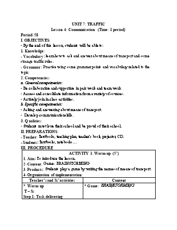 Kế hoạch bài dạy Tiếng Anh 7 - Unit 7: Traffic - Lesson 4