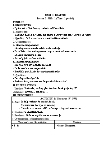 Kế hoạch bài dạy Tiếng Anh 7 - Unit 7: Traffic - Lesson 5