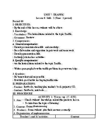 Kế hoạch bài dạy Tiếng Anh 7 - Unit 7: Traffic - Lesson 6