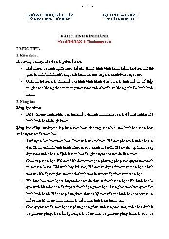 Kế hoạch bài dạy Toán 8 - Bài 12: Hình bình hành - Nguyễn Quang Tạo