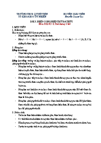 Kế hoạch bài dạy Toán 8 - Bài 3: Phép cộng, phép trừ đa thức - Nguyễn Quang Tạo