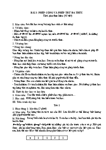 Kế hoạch bài dạy Toán 8 - Bài 3: Phép cộng và phép trừ đa thức