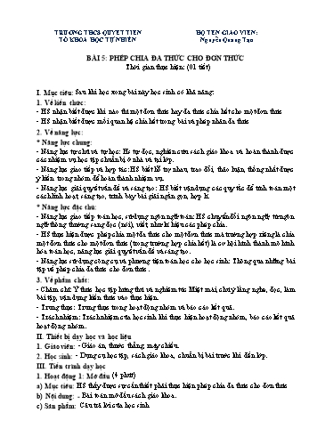 Kế hoạch bài dạy Toán 8 - Bài 5: Phép chia đa thức cho đơn thức - Nguyễn Quang Tạo