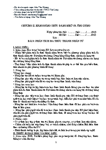 Kế hoạch bài dạy Toán 8 (Đại số) Sách Kết nối tri thức - Chương II: Hằng đẳng thức đáng nhớ và ứng dụng - Bài 9: Phân tích đa thức thành nhân tử - Mai Thu Hương