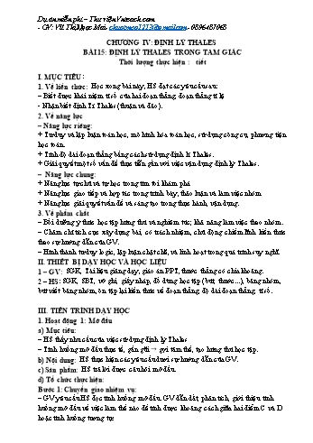 Kế hoạch bài dạy Toán 8 (Hình học) - Chương IV: Định lí Thales - Bài 15: Định lí Thales trong tam giác - Vũ Thị Ngọc Mai