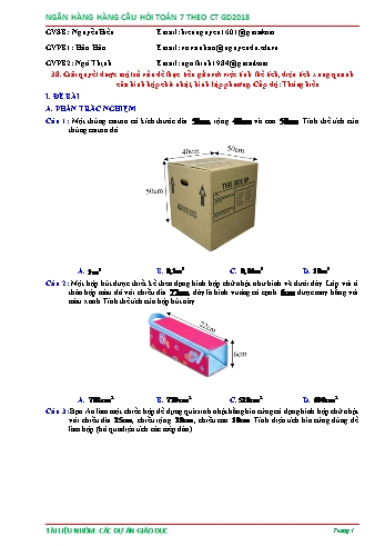 Ngân hàng câu hỏi Toán 7 - Chủ đề: Bài toán thực tế diện tích xung quanh, thể tích hình hộp chữ nhật, hình lập phương (Có đáp án)