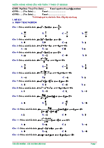 Ngân hàng câu hỏi Toán 7 - Chủ đề: Biểu thức đại số - Phần 3 (Có đáp án)