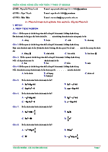 Ngân hàng câu hỏi Toán 7 - Chủ đề: Đa thức một biến - Phần 1 (Có đáp án)