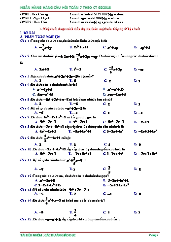 Ngân hàng câu hỏi Toán 7 - Chủ đề: Đa thức một biến - Phần 2 (Có đáp án)