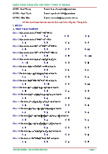 Ngân hàng câu hỏi Toán 7 - Chủ đề: Đa thức một biến - Phần 4 (Có đáp án)