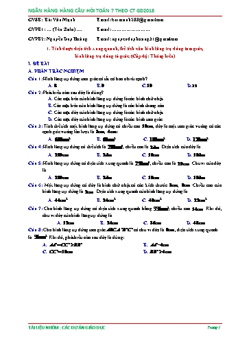 Ngân hàng câu hỏi Toán 7 - Chủ đề: Diện tích xung quanh và thể tích của lăng trụ đứng (Có đáp án)