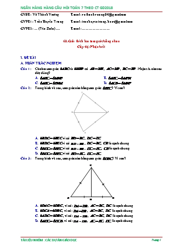 Ngân hàng câu hỏi Toán 7 - Chủ đề: Giải thích hai tam giác bằng nhau (Có đáp án)