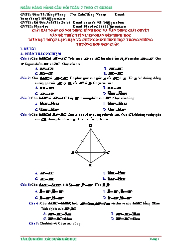 Ngân hàng câu hỏi Toán 7 - Chủ đề: Lập luận chứng minh hình học trong một số trường hợp đơn giản (Có đáp án)