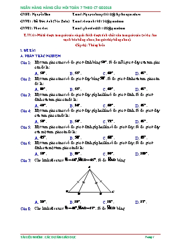 Ngân hàng câu hỏi Toán 7 - Chủ đề: Mô tả được tam giác cân và giải thích được tính chất của tam giác cân (Có đáp án)