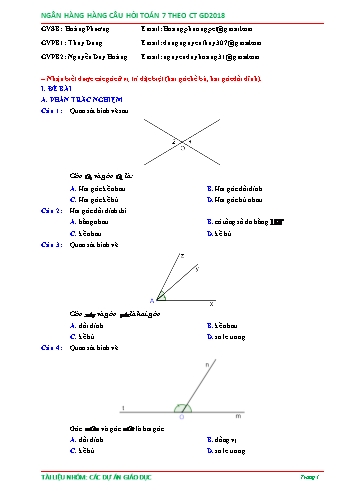 Ngân hàng câu hỏi Toán 7 - Chủ đề: Nhận biết được các góc ở vị trí đặc biệt (Hai góc kề bù, hai góc đối đỉnh) (Có đáp án)