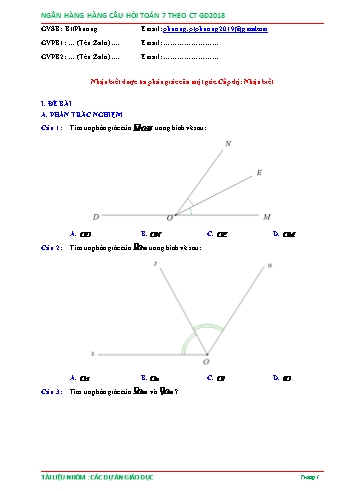 Ngân hàng câu hỏi Toán 7 - Chủ đề: Nhận biết được tia phân giác của một góc (Có đáp án)