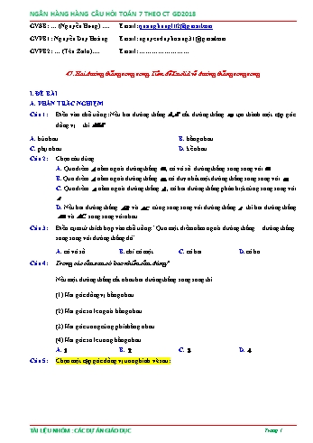 Ngân hàng câu hỏi Toán 7 - Chủ đề: Nhận biết hai đường thẳng song song (Có đáp án)