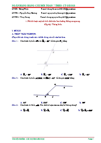 Ngân hàng câu hỏi Toán 7 - Chủ đề: Tính chất hai đường thẳng song song (Có đáp án)