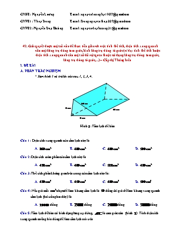 Ngân hàng câu hỏi Toán 7 - Chủ đề: Tính thể tích, diện tích xung quanh của lăng trụ đứng tam giác, hình lăng trụ đứng tứ giác (Có đáp án)