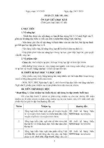 Tài liệu ôn tập giữa học kì II môn Ngữ văn 9 - Tuần 27 - Năm học 2024-2025
